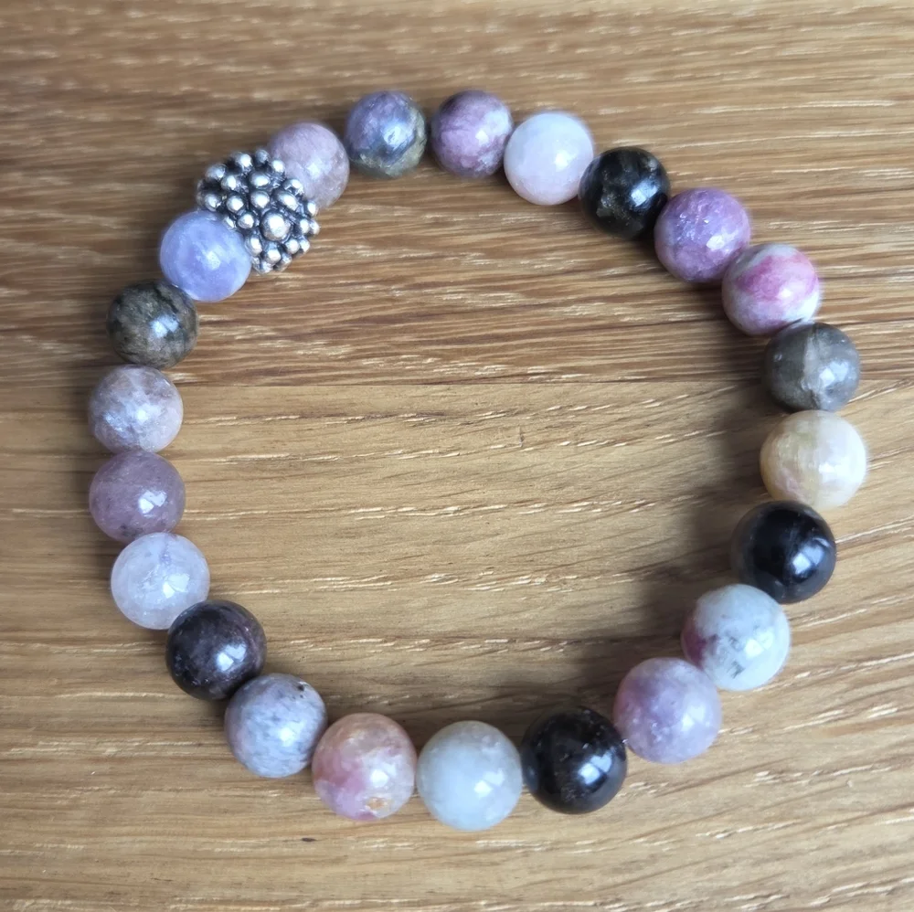 Pink & Purple Tourmaline Beads Stretch Bracelet, Handcrafted